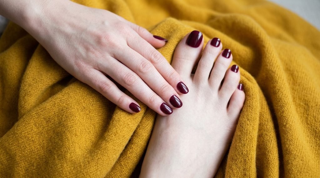 Matching burgundy press-on nails and toes on an 18-year-old female with very white skin on a mustard yellow cashmere blanket.