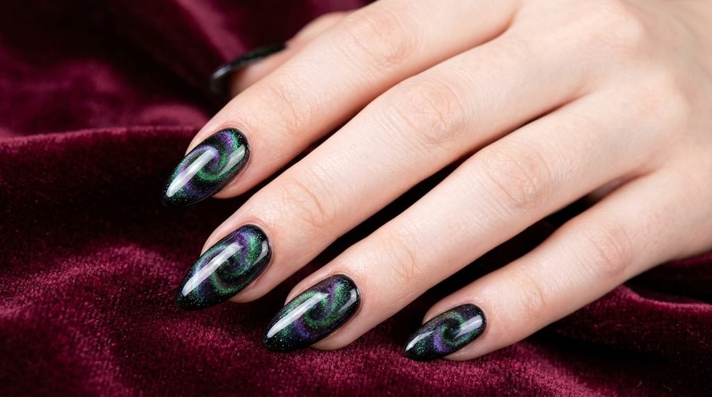 Close-up of almond-shaped nails featuring a high-gloss magnetic poison green and violet cat eye effect against a luxurious deep burgundy velvet background.