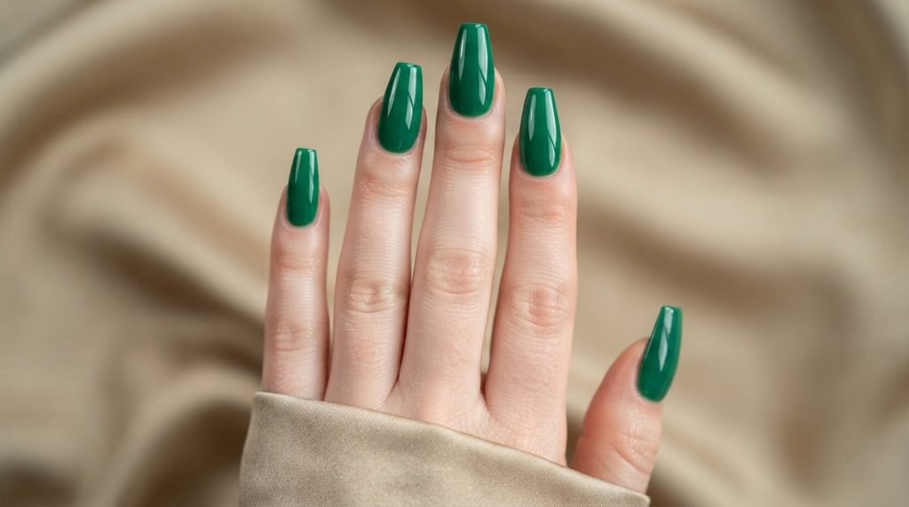 Close-up of brilliant high-gloss emerald green cream nails on an 18-year-old female hand.