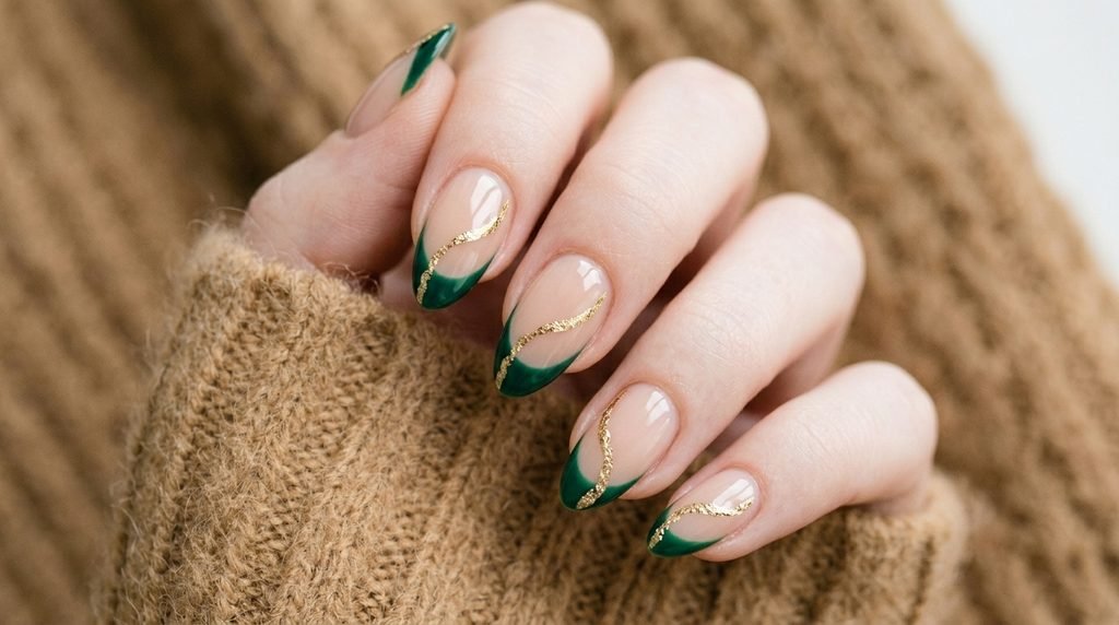 Almond nails with burgundy and rose gold double French tips against an olive green satin backdrop.