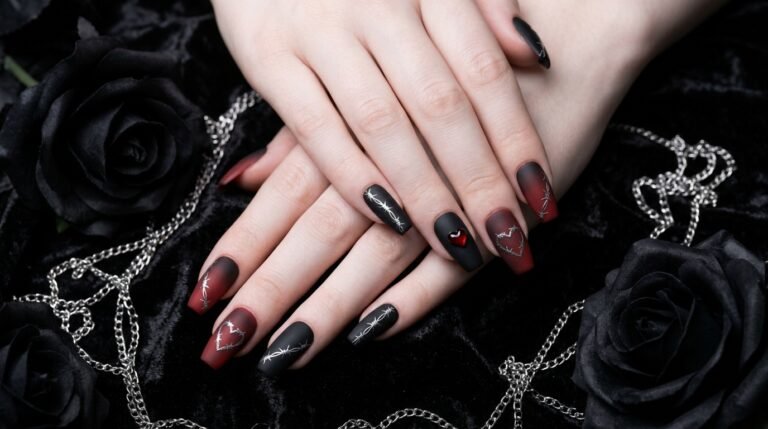 Medium coffin nails with matte red to black ombre and silver barbed wire heart art on an 18-year-old female hand.