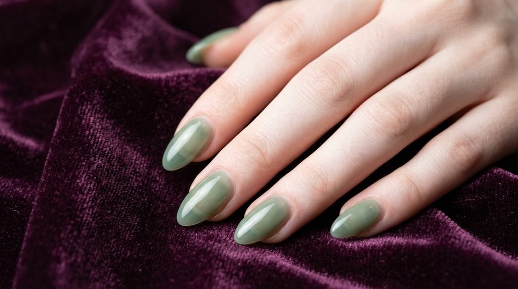 Translucent sage green jelly nails on an 18-year-old female hand with very white skin on plum velvet.