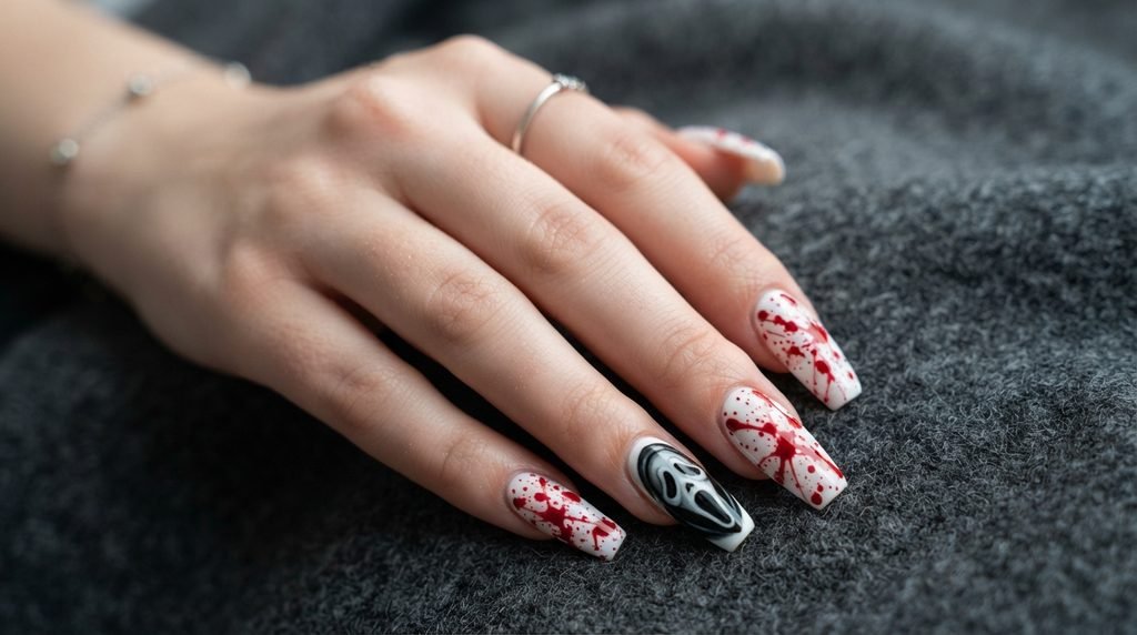 A close-up of long coffin nails on an 18-year-old female hand with white skin. Most nails have red blood splatter over white, while the ring finger nails display a hand-painted Ghostface mask portrait against a gray wool background.