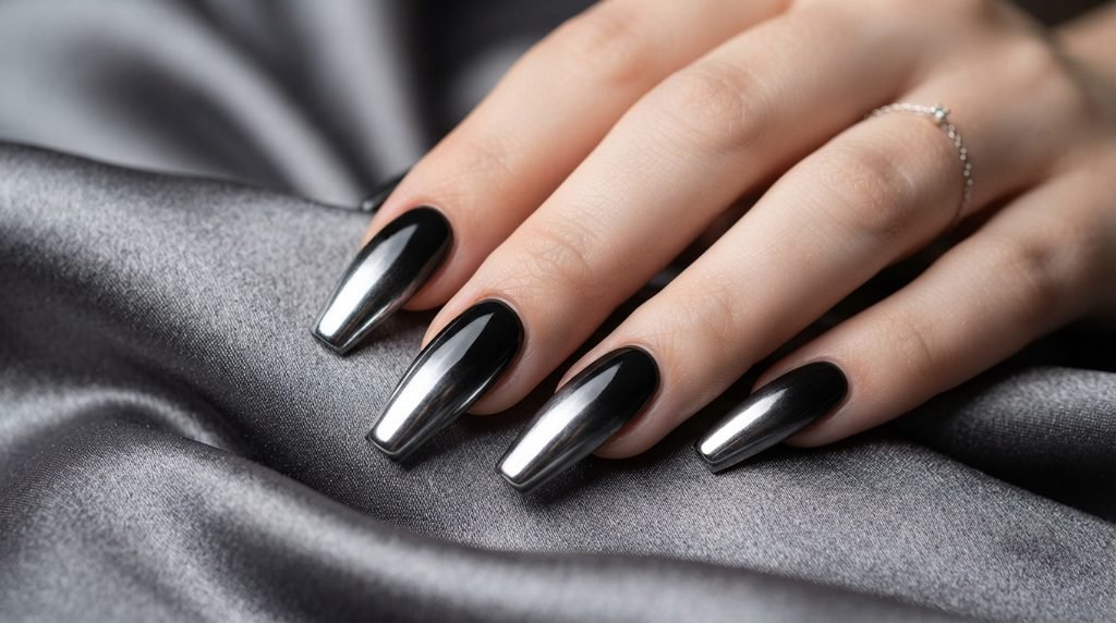 Close-up showing two nails from the same hand: one illustrating a precise salon black and chrome finish, and the other showing a less refined DIY attempt.