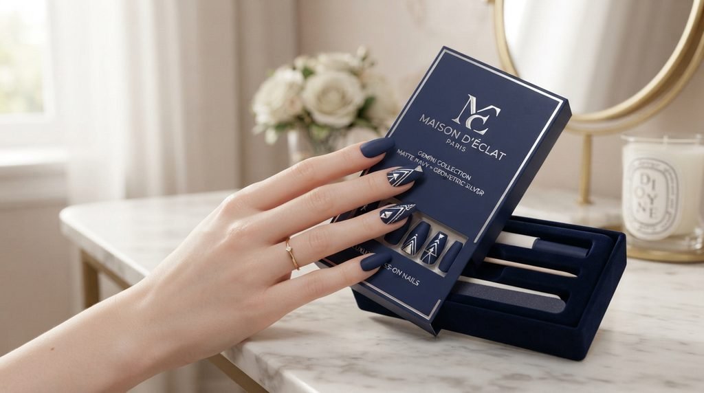 A high HD photo of an 18-year-old female with very white skin showing a manicured hand alongside luxury press-on nail packaging that features matte navy and geometric silver art.