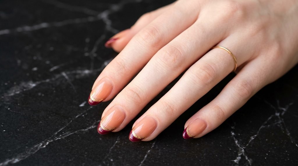 Sheer peach jelly nails featuring double French tip lines in berry red and metallic gold foil.