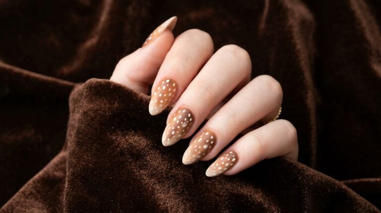 Perfectly executed matte deer print almond nails shown over chocolate brown velvet.