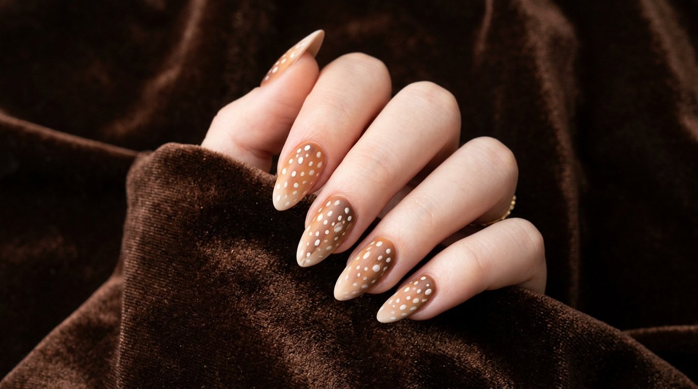 Perfectly executed matte deer print almond nails shown over chocolate brown velvet.