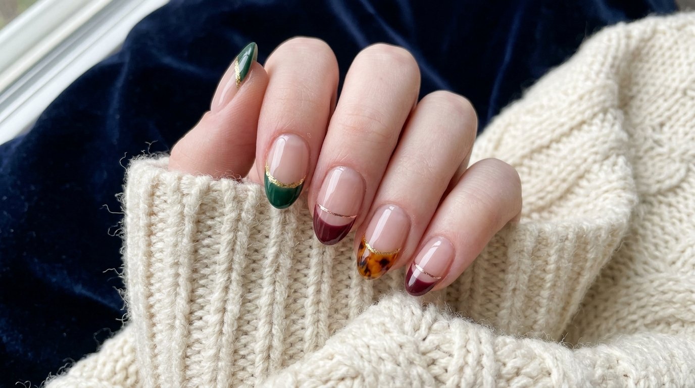Close-up of female hand with almond double French tip nails in emerald green, burgundy, and gold over a sheer base.