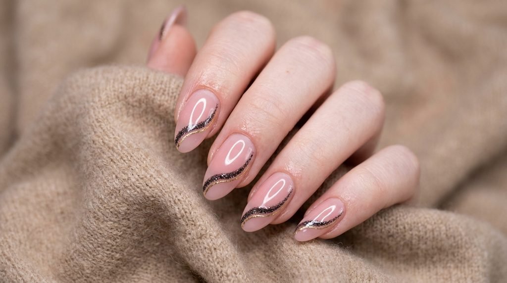 Macro photograph of a floating French tip design with black glitter and gold lines on a sheer pink nail.