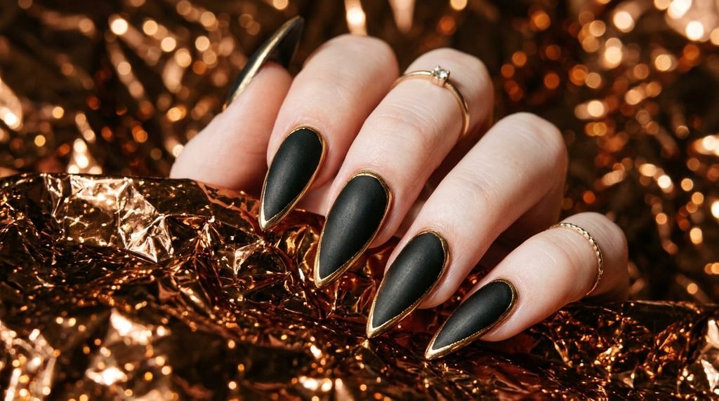 Macro photo of an 18-year-old female hand with very white skin showing 3D gold chrome details on matte black nails against a bronze background.