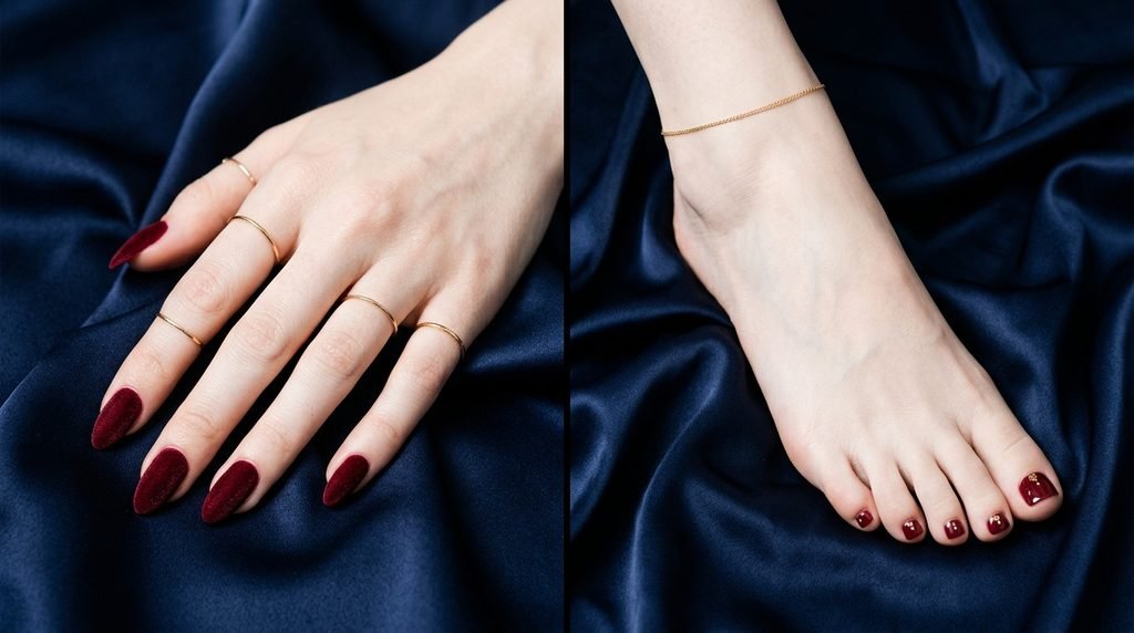 Hand and foot with very white skin showcasing matching merlot nails on navy silk background.