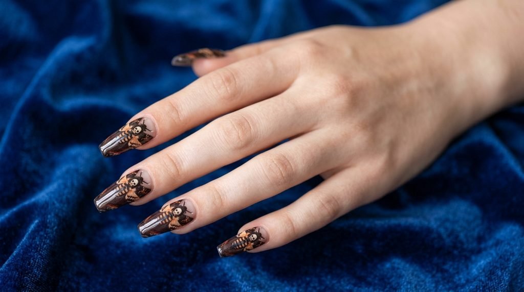 An elegant hand pose showcasing a perfect application of long coffin press-on nails featuring highly detailed, identical Death's-Head Moth graphics and wing patterns on each nail against dark sapphire blue velvet.