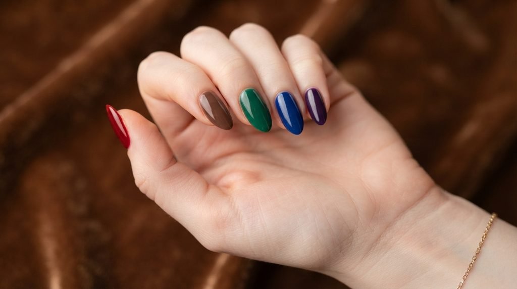 Close-up photograph displaying deep garnet red, mocha brown, emerald green, sapphire blue, and deep purple gel nails on an 18-year-old female hand.
