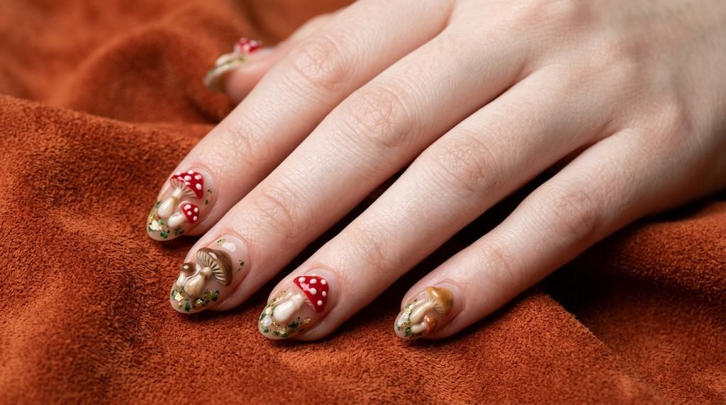 3D raised textured gel mushroom nail art on oval nails on an eighteen year old female hand with white skin.