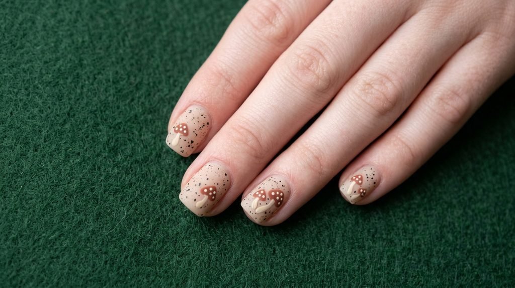 Speckled egg effect nails with tiny terracotta painted mushrooms on an eighteen year old female hand with white skin.