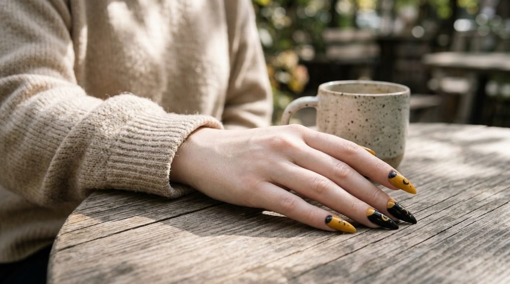 Female hand with pale skin holding a thin detail brush over black and golden moon stiletto nails.