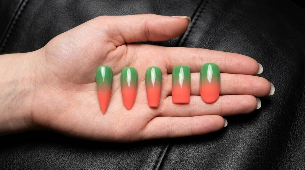 A young woman’s hand holding artificial nail tips in various shapes, each with the coral-to-hunter-green gradient, against a black leather background.