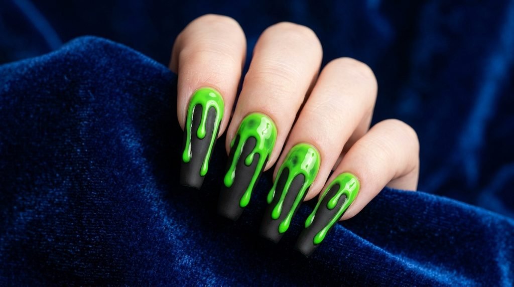 A dramatic close-up photograph displays long coffin nails with a matte black base and thick, glossy neon green slime drips over a luxurious sapphire blue velvet background.