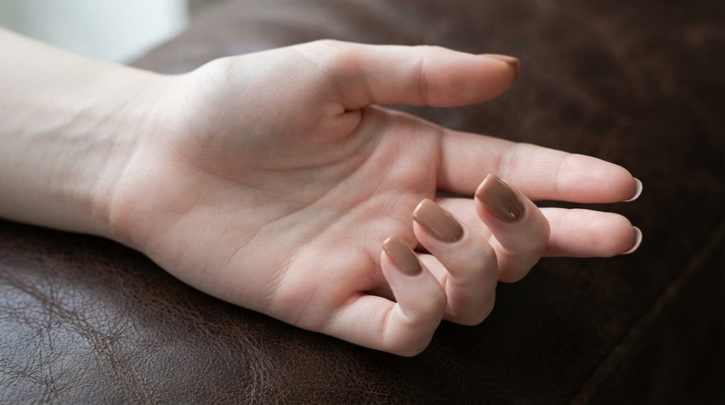 Close-up of warm mocha nude gel nails on an 18-year-old female hand against a leather background.