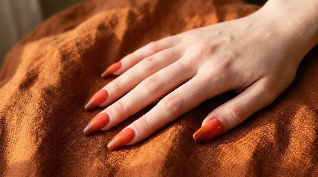 Close-up of coffin nails with a warm coral-to-burnt-orange ombré against a burnt orange linen background, in golden late afternoon sun.