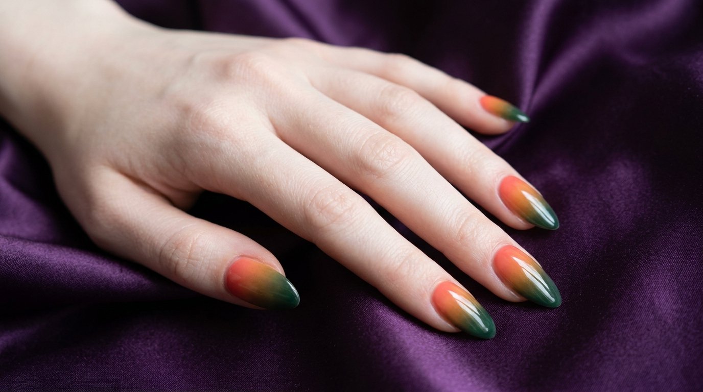 A flawless photorealistic close-up of almond nails with a stunning coral-to-hunter-green sunset ombré gradient, resting on a dark purple silk background.