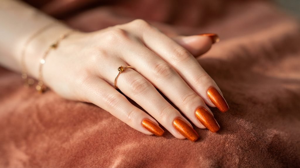 : Close-up of brilliant high-gloss burnt orange shimmer coffin nails on an 18-year-old female hand.
