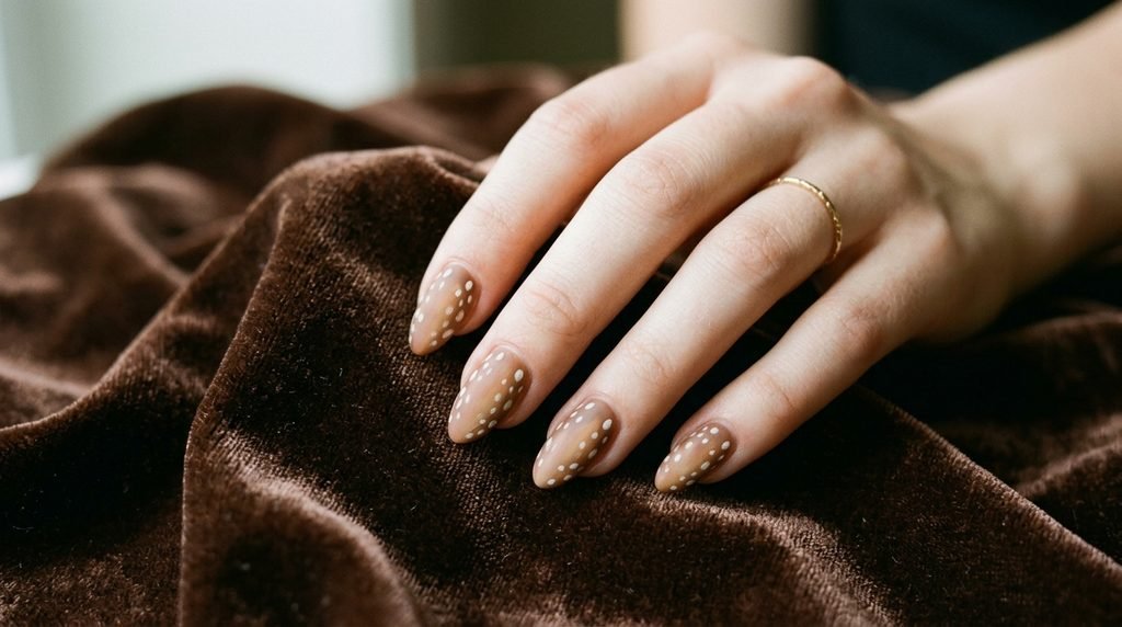 Perfectly executed matte deer print almond nails shown over chocolate brown velvet.