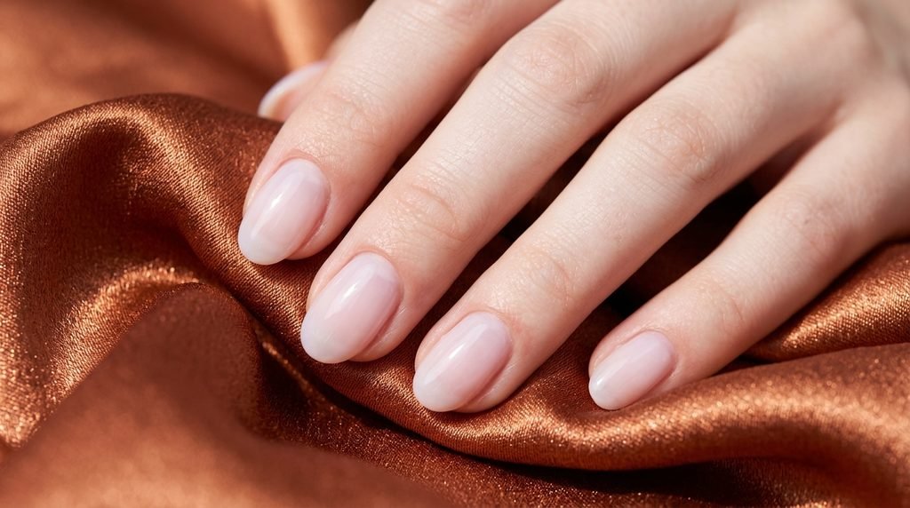 Cloud pink pale translucent nails on an 18-year-old female hand with very white skin over copper silk.