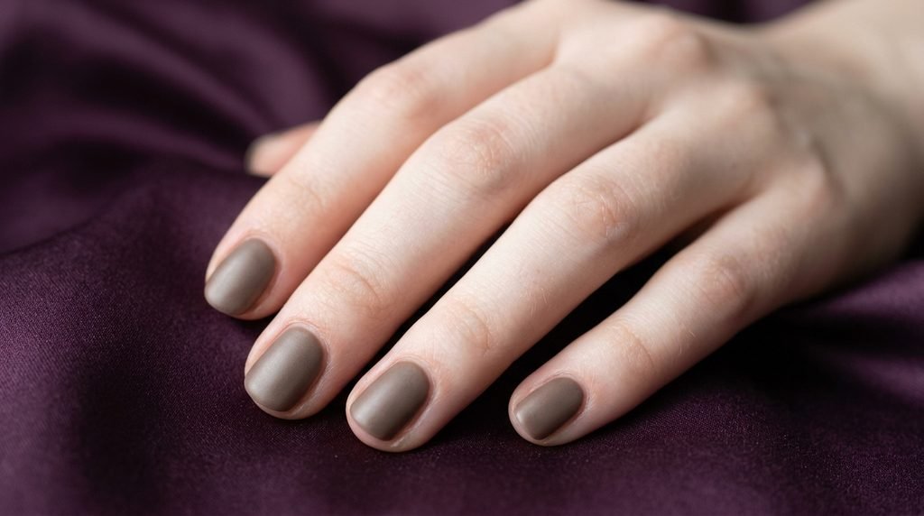 Cashmere nails in warm mushroom taupe on short round nails over deep plum backdrop.