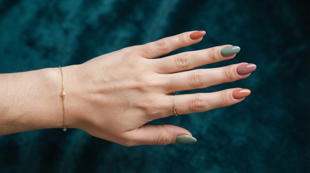 Close-up photograph of muted sage, dusty rose, and terracotta painted nails on a young woman's hand, against a luxurious deep teal background.