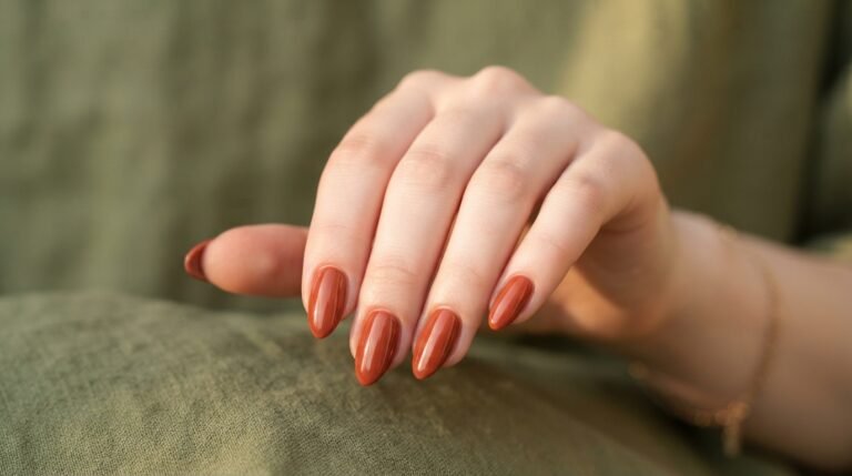 Close-up of sheer muted sage green jelly nails on a young woman's hand.