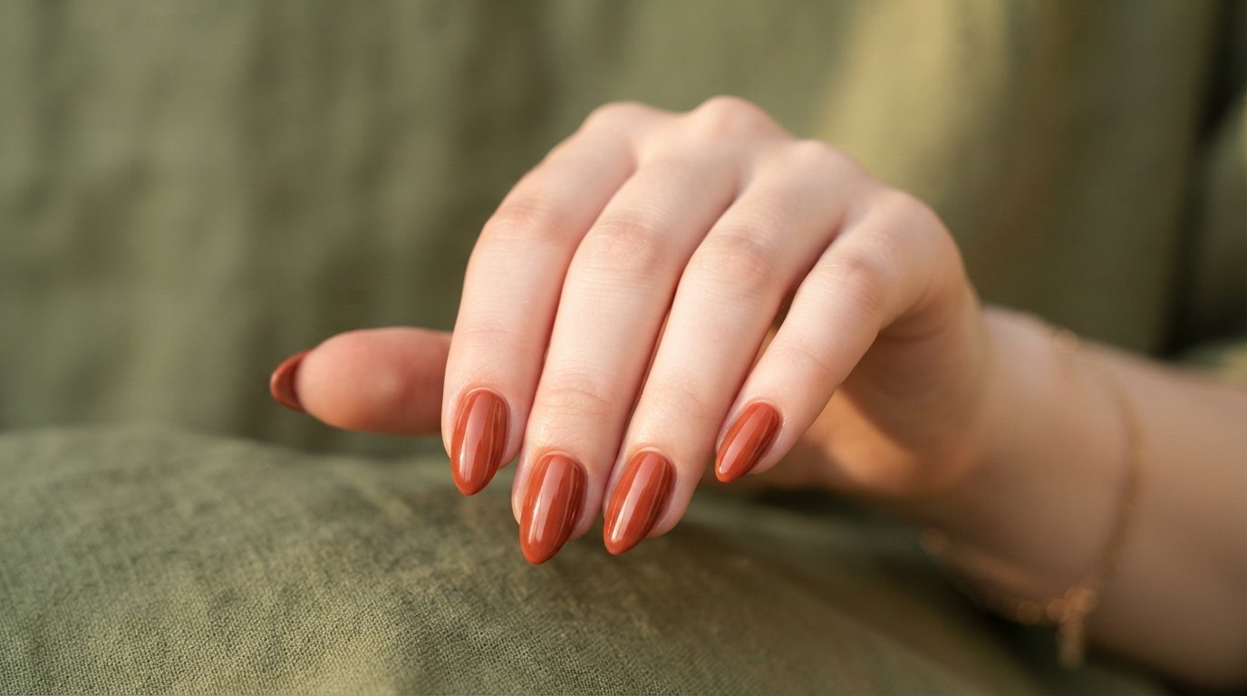 Close-up of sheer muted sage green jelly nails on a young woman's hand.