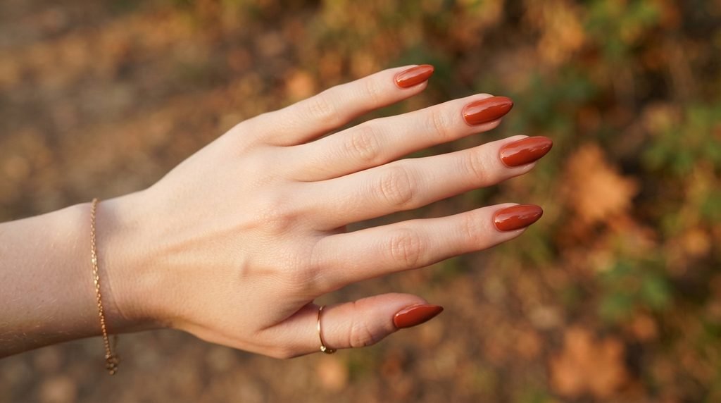 Close-up of high-gloss terracotta cream nails on a young woman's hand, fingers spread.