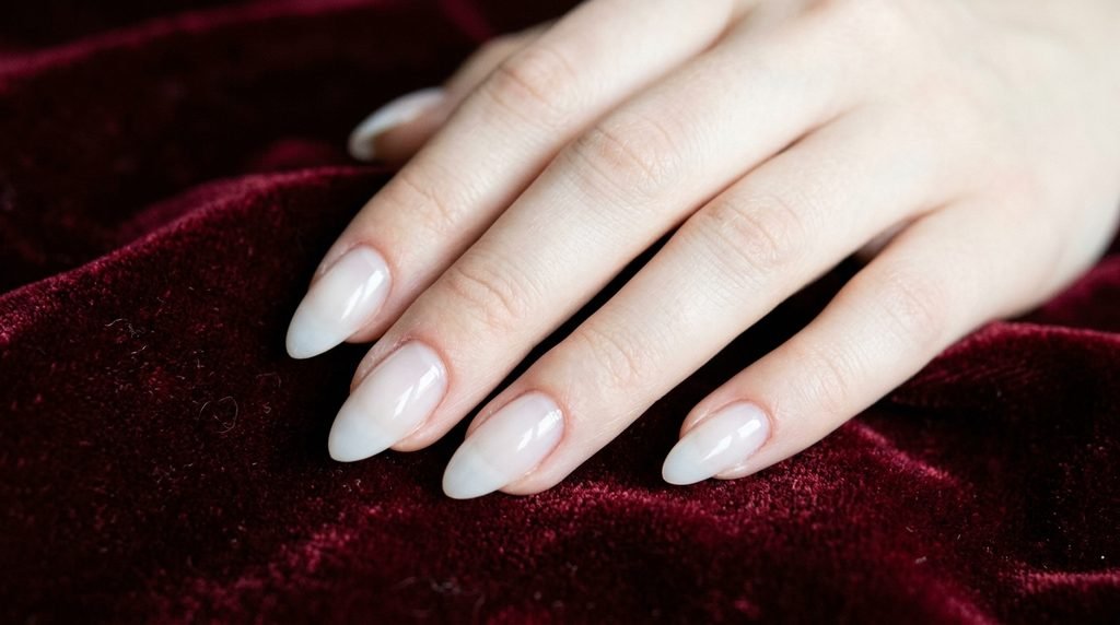 Sheer milky white glass manicure on an 18-year-old female hand with very white skin over ruby red velvet.