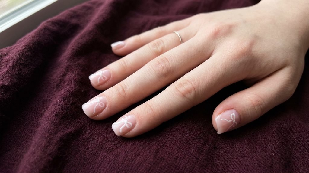 Short square nails with subtle corner ribbon art over burgundy cloth.