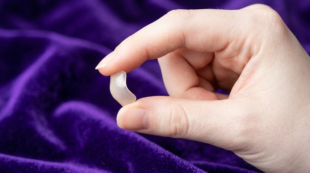 Hand with very white skin flexing a flexible press-on toenail tip against purple velvet.