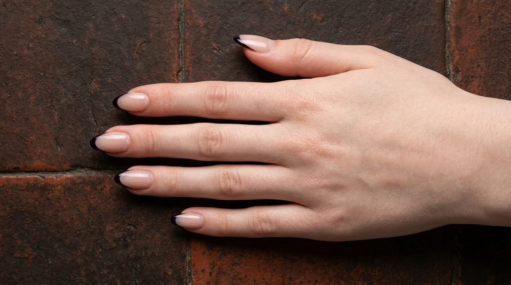 Photorealistic view of an 18-year-old female hand with very white skin and plum noir micro French tip almond nails on dark terracotta.