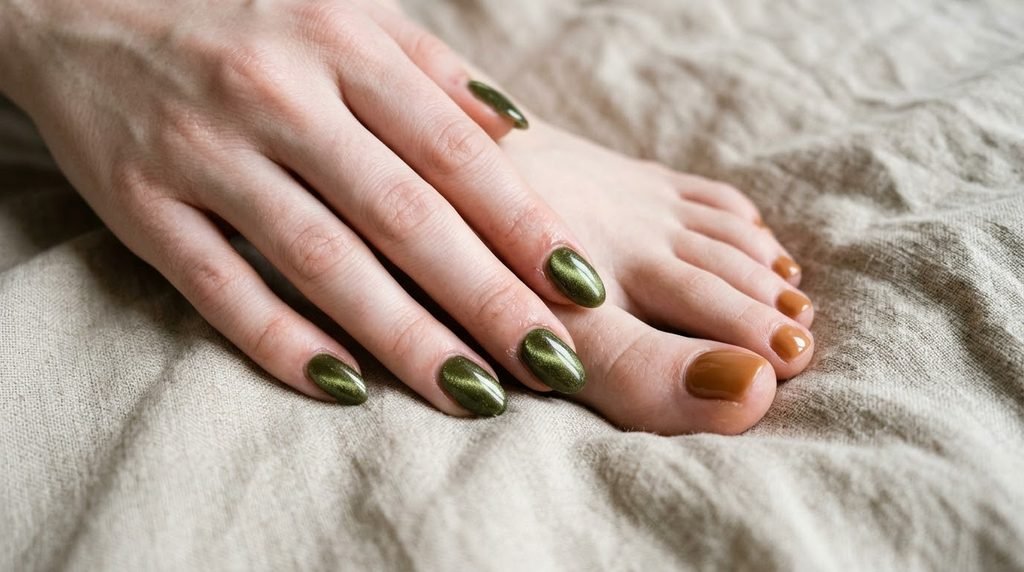 Oval olive velvet nails on female hand resting near caramel toe nails on smooth white skin.