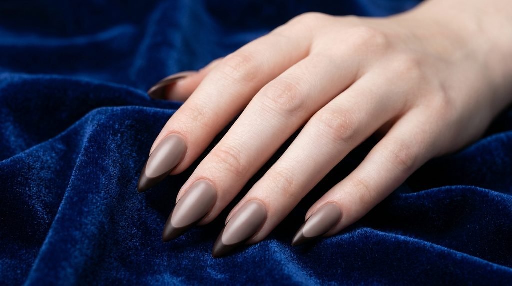 Cashmere nails with espresso French tips on long stiletto nails over royal blue velvet backdrop.