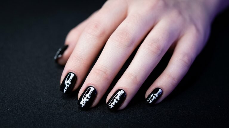 Close-up of an 18-year-old female hand with short square nails painted with glossy black polish and detailed with simple white bone lines mimicking an x-ray, against a dark background with violet glow.