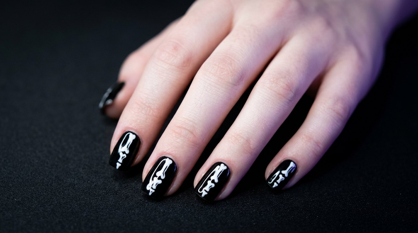Close-up of an 18-year-old female hand with short square nails painted with glossy black polish and detailed with simple white bone lines mimicking an x-ray, against a dark background with violet glow.