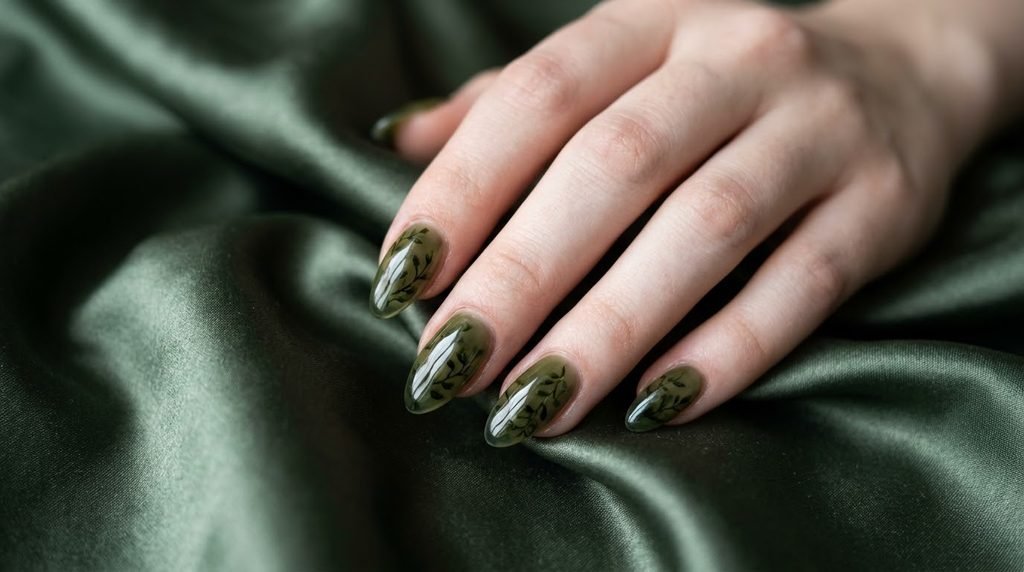 Translucent dark olive jelly nails with delicate dark green tree branch nail art.