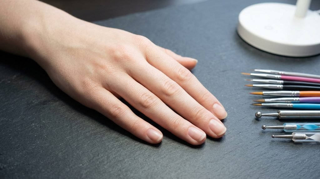 A focused, well-lit close-up of a hand with very white skin next to organized nail art brushes and dotting tools on a dark slate background.
