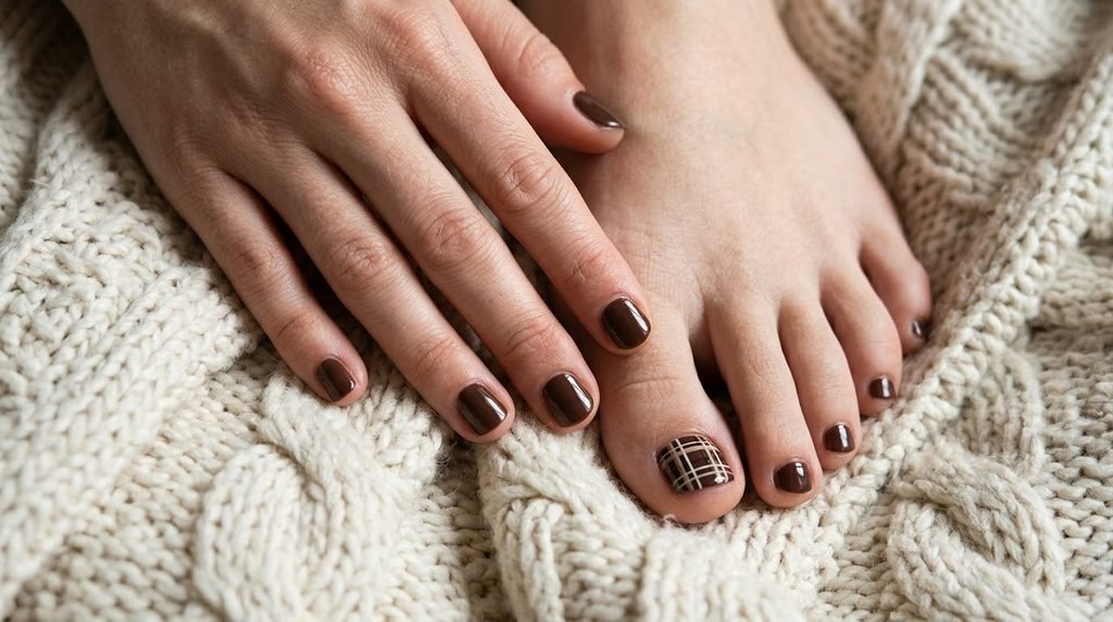 Hand and foot with white skin displaying a chocolate brown plaid design on the big toenail over cream blanket.