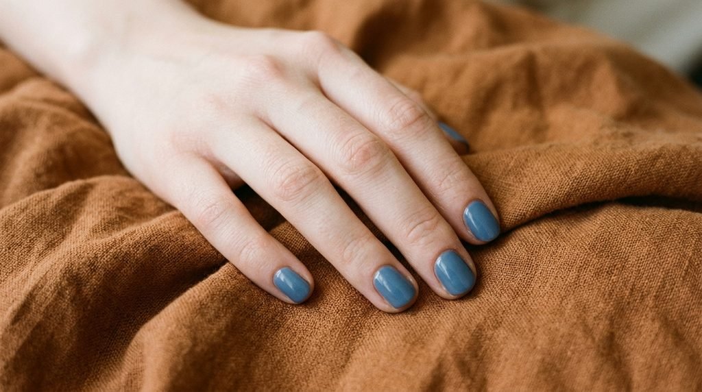 Muted denim blue solid short nails on an 18-year-old female hand with very white skin.
