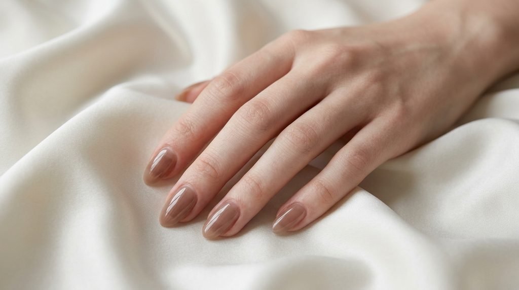 Neutral mocha taupe sheer nails on an 18-year-old female hand with very white skin against cream silk.