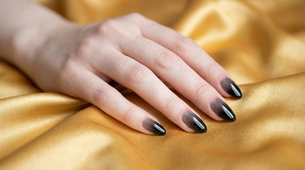 Black jelly syrup ombre nails on an 18-year-old female hand against golden yellow silk.