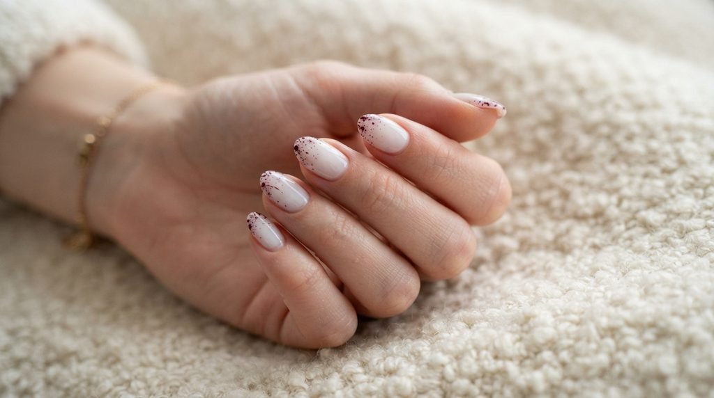 A close-up of short almond nails on an 18-year-old female hand with white skin, painted sheer milky white with a sparse, fine abstract splatter pattern in deep maroon against a cream bouclé background.