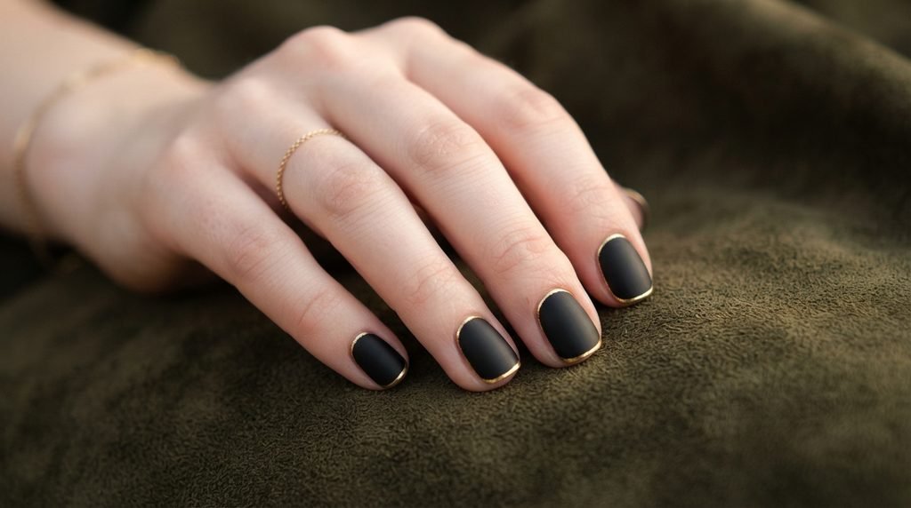 Short matte black nails with gold borders on an 18-year-old female hand with very white skin against dark olive suede.